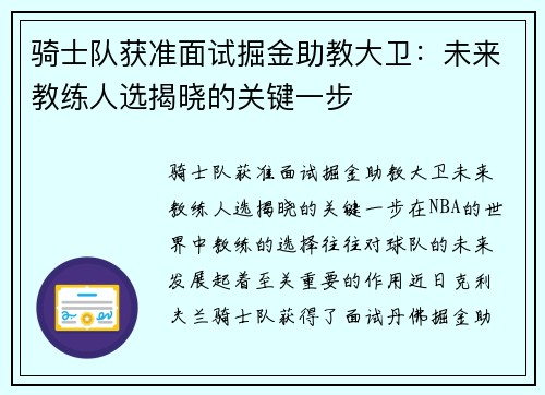 骑士队获准面试掘金助教大卫：未来教练人选揭晓的关键一步