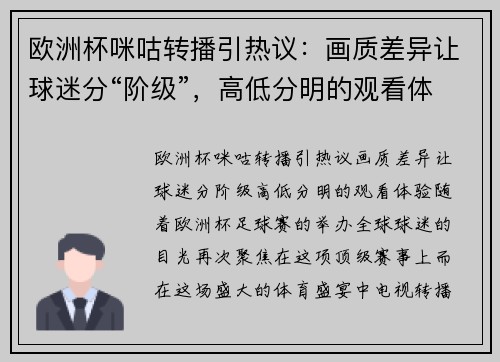 欧洲杯咪咕转播引热议：画质差异让球迷分“阶级”，高低分明的观看体验