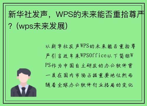 新华社发声，WPS的未来能否重拾尊严？(wps未来发展)