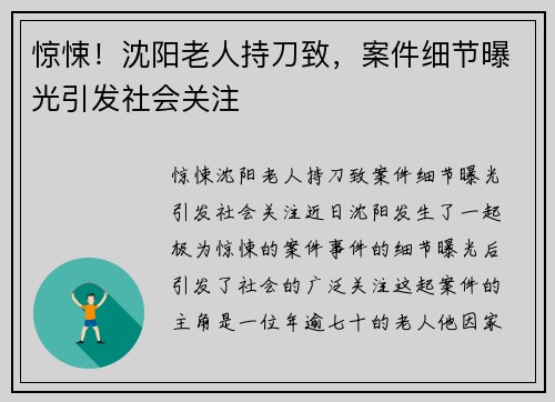 惊悚！沈阳老人持刀致，案件细节曝光引发社会关注