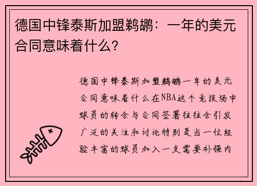 德国中锋泰斯加盟鹈鹕：一年的美元合同意味着什么？