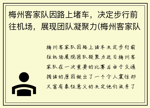 梅州客家队因路上堵车，决定步行前往机场，展现团队凝聚力(梅州客家队最新消息)